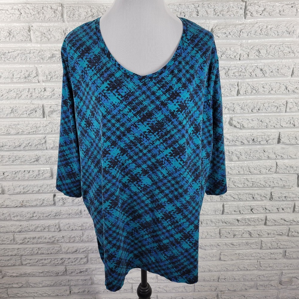 Catherines Suprema Women's Plus Size 2X Top Blue Geometric 3/4 Sleeve Stretch